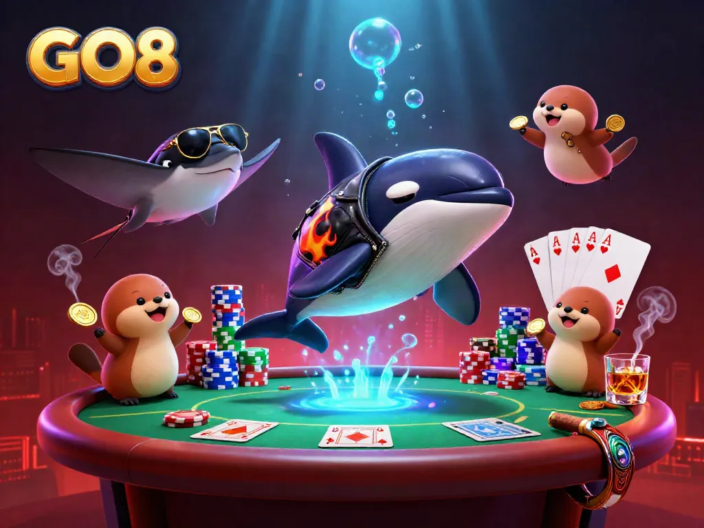 Engage in GO8 casino fun with a dynamic scene featuring an orca, stingray, and otters showcasing poker excitement.