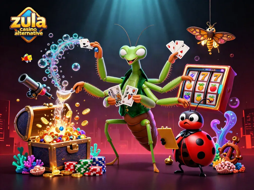 Engaging scene featuring Zula Casino alternative characters dealing cards and coins amidst vibrant game elements.