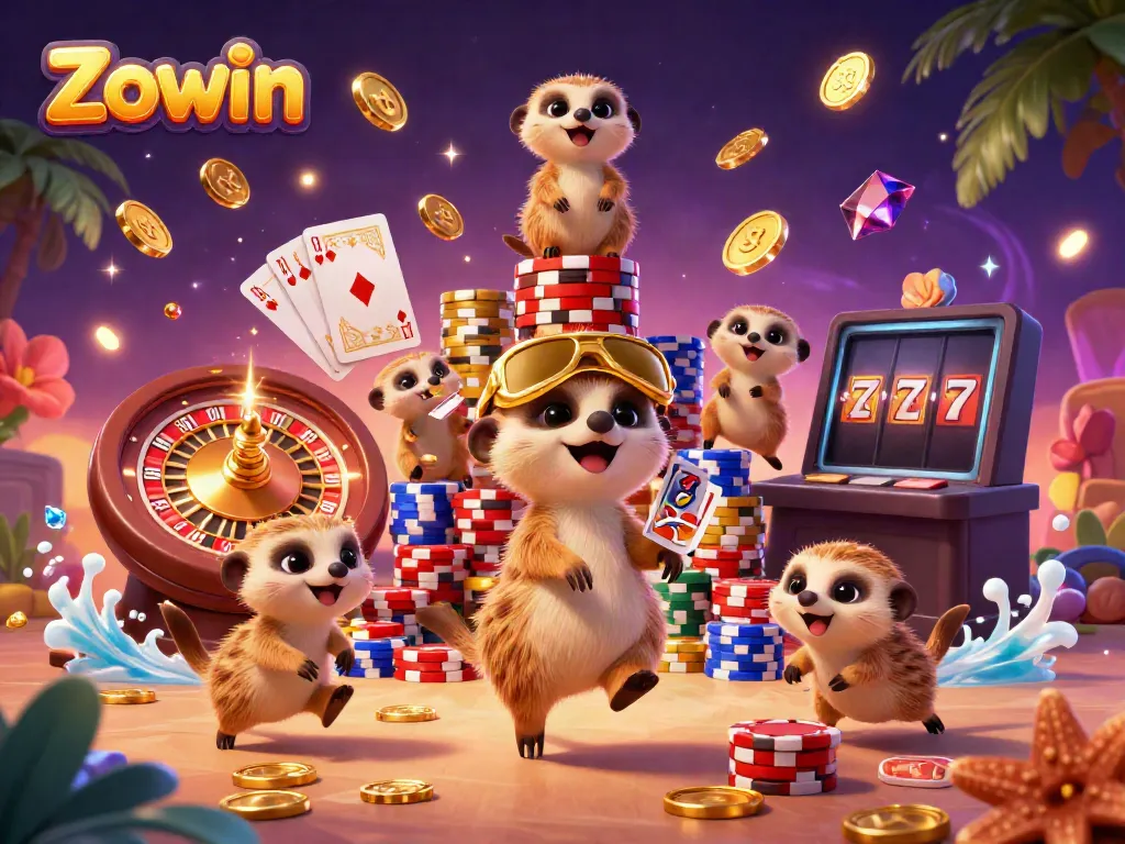 Experience the vibrant casino world of Zowin with energetic meerkats managing games and winning tokens.