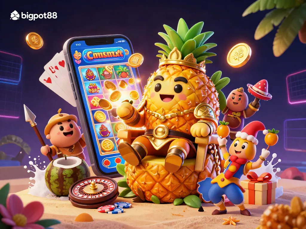 bigpot88 merayakan keseruan kasino dengan raja nanas emas dan prajurit kelapa.
