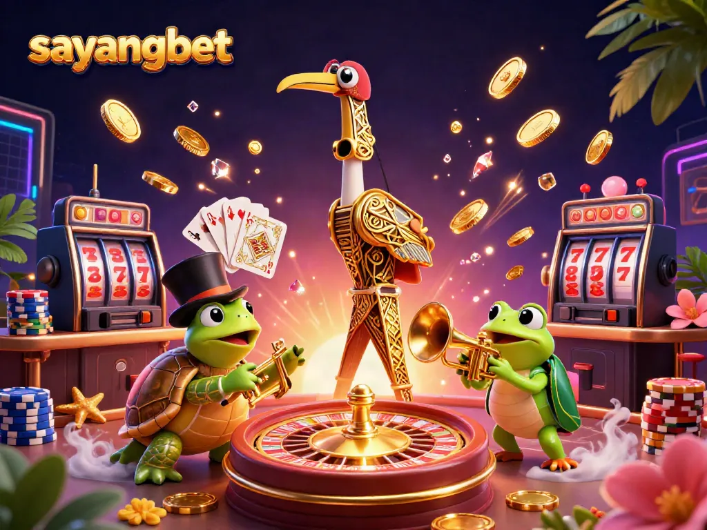 Experience the thrill of sayangbet with a lively 3D scene featuring a flapper crane, a turtle, and a trumpet-playing frog among casino elements.