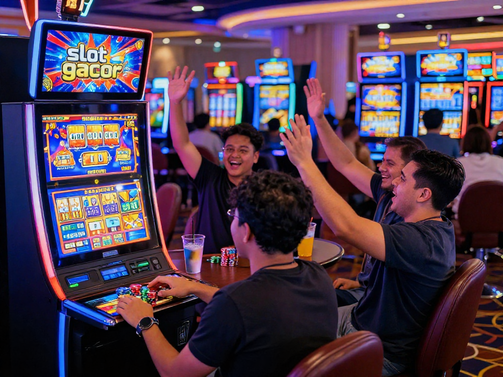 Exciting casino scene featuring players at slot gacor machines celebrating big wins in a vibrant gaming atmosphere.