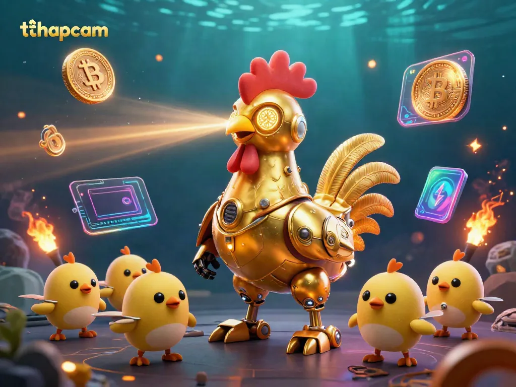 Experience thapcam with vibrant golden rooster robot and dynamic cryptocurrency elements in a lively 3D scene.