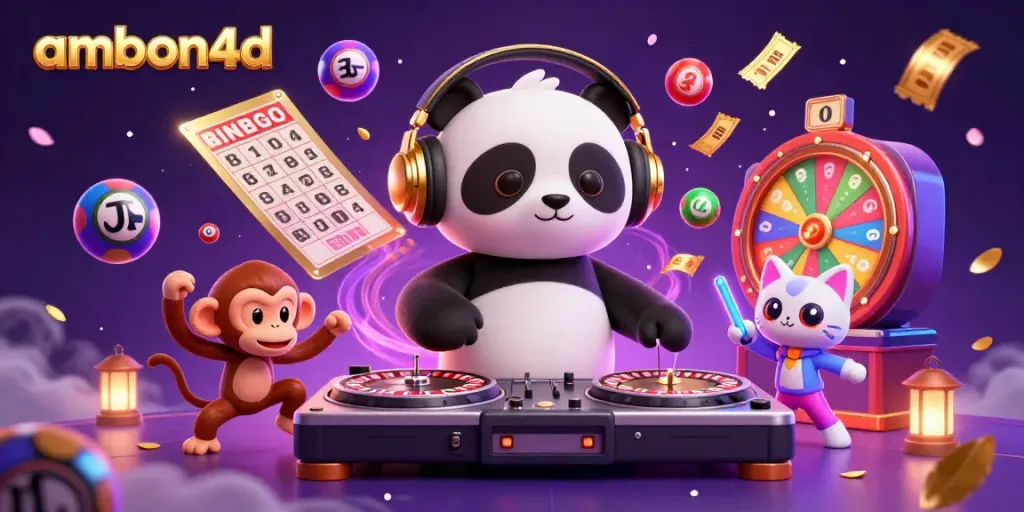 Experience the fun at ambon4d with a dynamic casino scene featuring a DJ panda and lively characters.