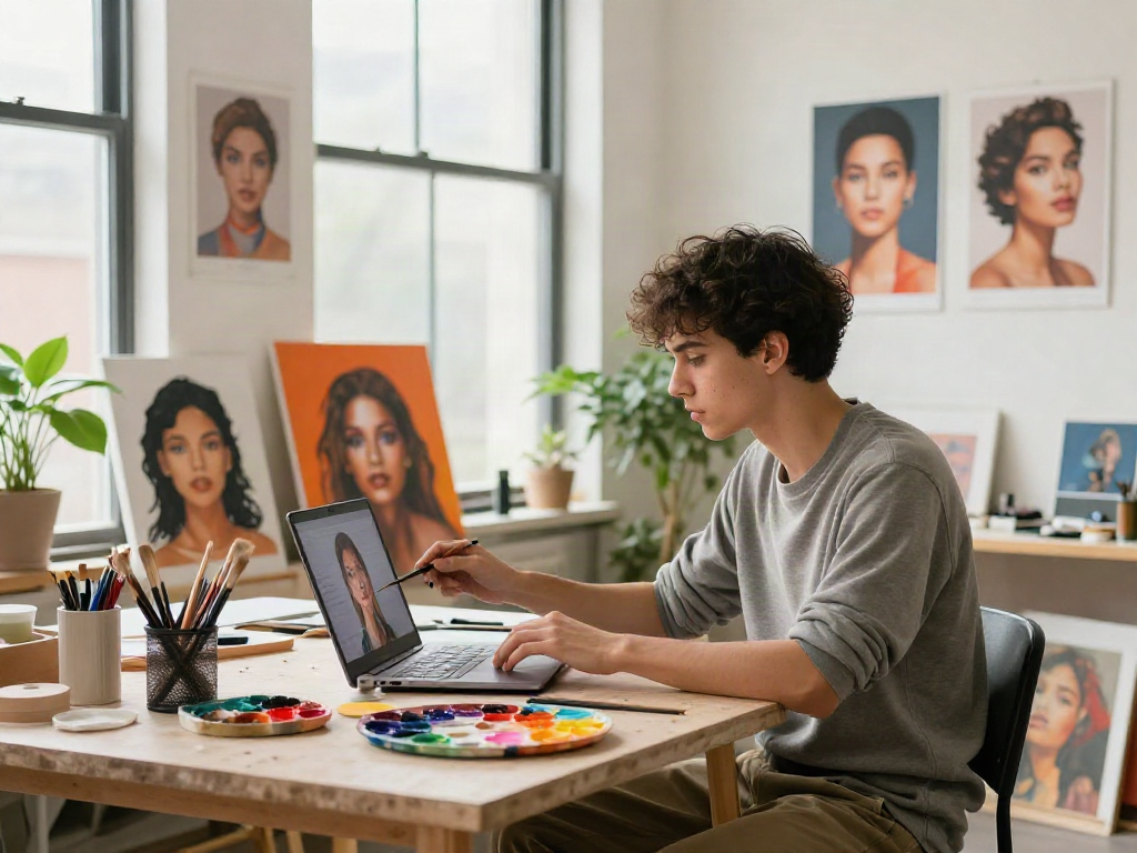 Test of attractiveness in a vibrant art studio with a young adult exploring beauty standards.