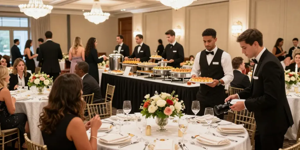 Event furniture rental setup with guests enjoying upscale banquet hall ambiance and elegant décor.