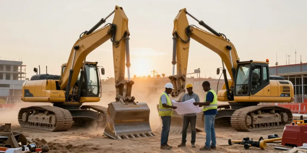 Panafrican Equipment being utilized by a diverse team on a busy construction site, highlighting collaboration and heavy machinery in action.
