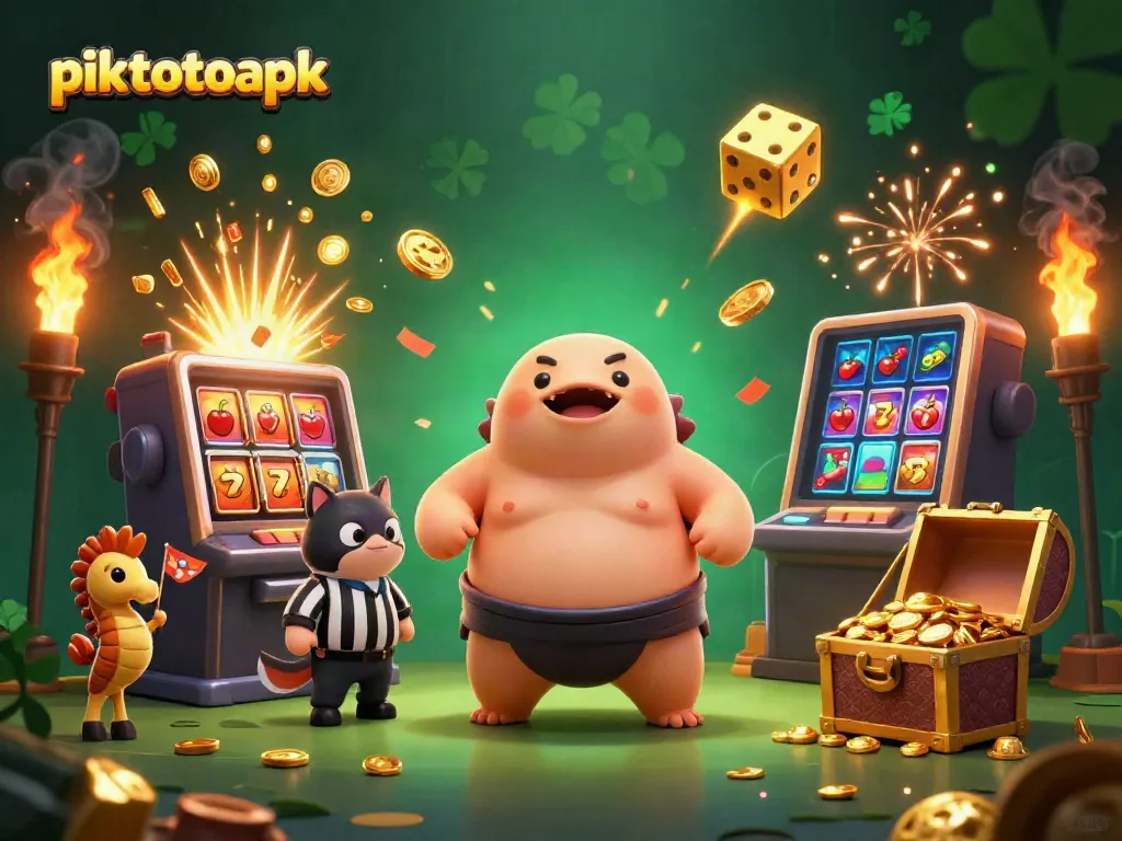Engage with piktotoapk's thrilling jackpot scene featuring a fugu surrounded by vibrant casino elements.
