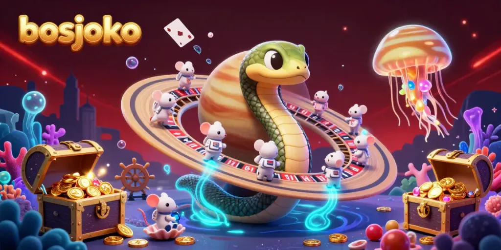 Experience the thrilling atmosphere of bosjoko with a celestial gambling scene featuring cosmic characters.