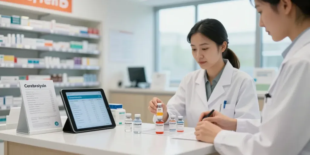 Cerebrolysin price displayed in a modern pharmacy setting.