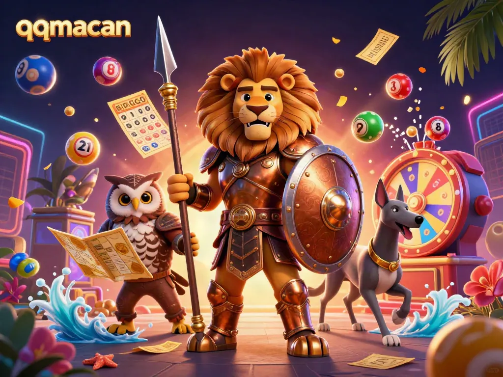Engage with qqmacan's vibrant lottery scene featuring a brave lion, wise owl, and swift greyhound amidst colorful game elements.