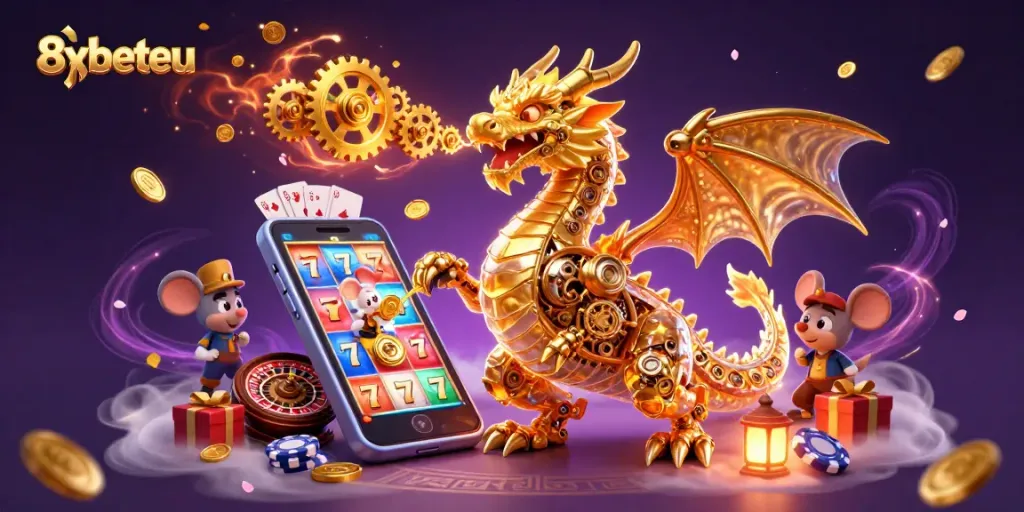 Experience the thrill of 8xbeteu with a golden dragon and vibrant casino games in a mystical setting.