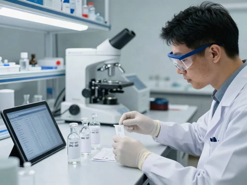 BPC-157 TB-500 blend for sale, scientist analyzing peptide samples in a lab setting.