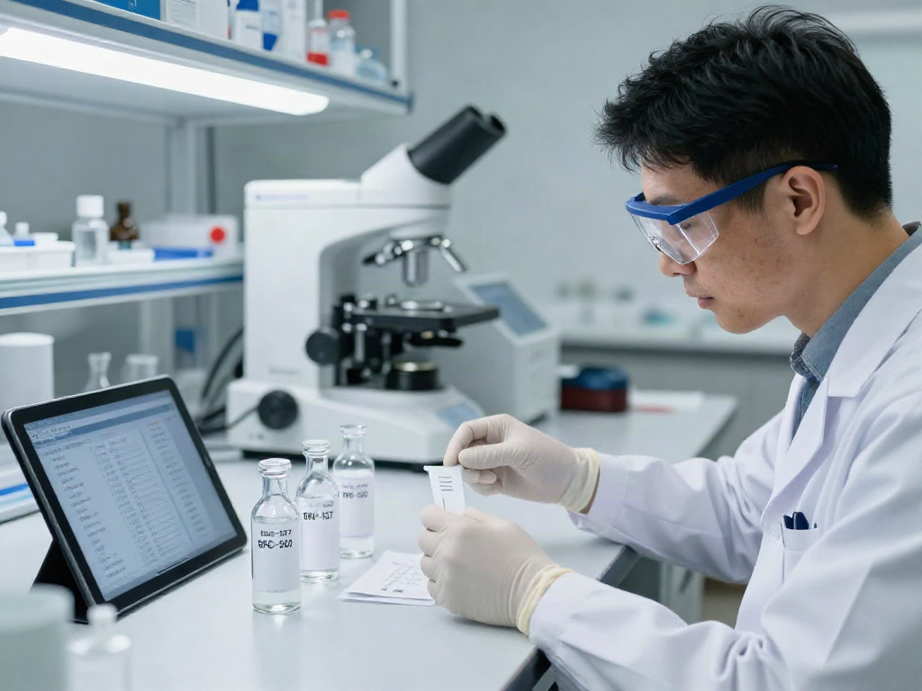 BPC-157 TB-500 blend for sale, scientist analyzing peptide samples in a lab setting.