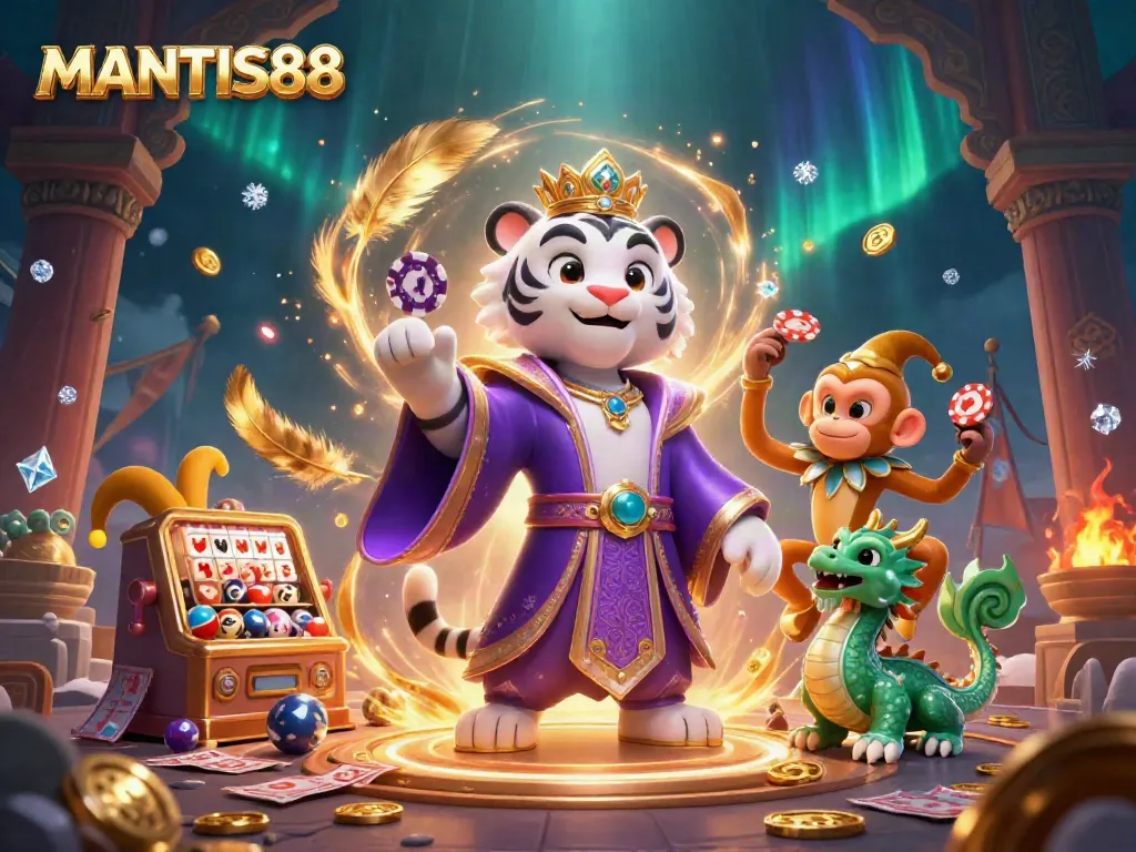 Experience the excitement of MANTIS88 with a vibrant, dynamic 3D illustration featuring engaging lottery elements and playful characters.