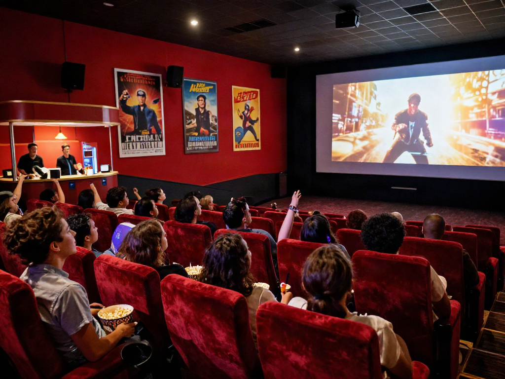 Audience enjoying a Moviebox experience in a vibrant theater atmosphere