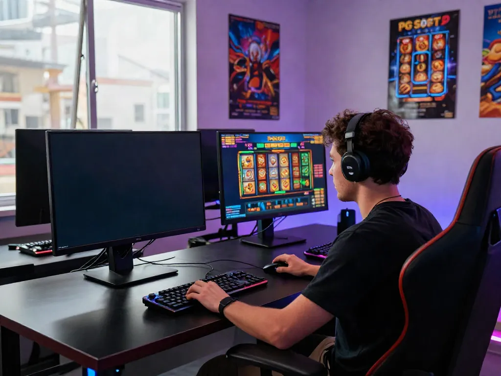 Excited gamer engaged with a PG SOFT slot game at a modern gaming desk