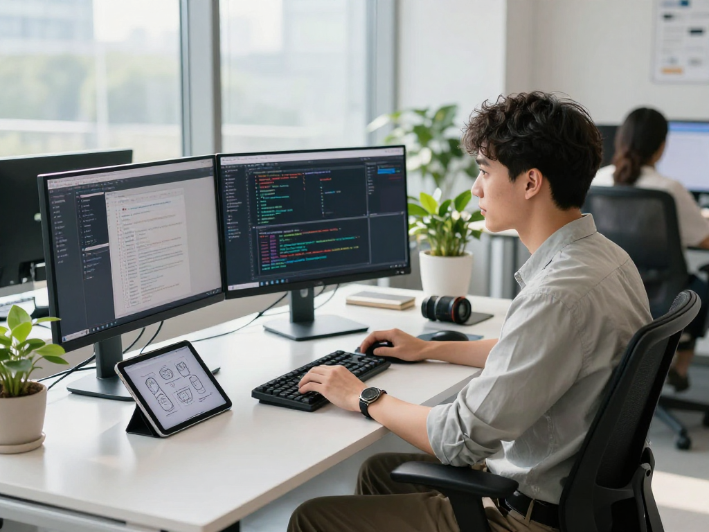 Developer engaged in creating software on a Best AI tools platform in a modern office environment, showcasing coding and design.