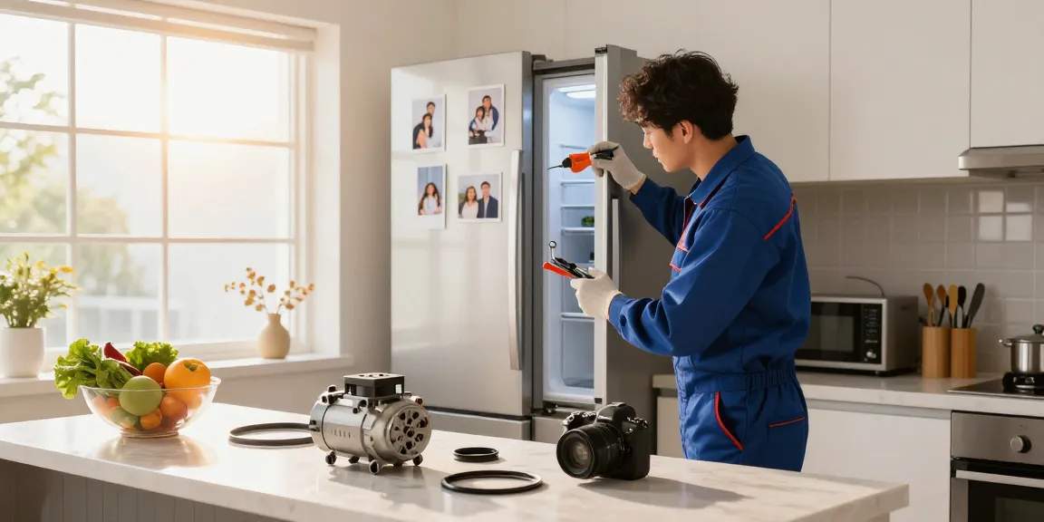 Refrigerator repair service in action, technician fixing a side-by-side fridge with parts visible, warm kitchen environment.