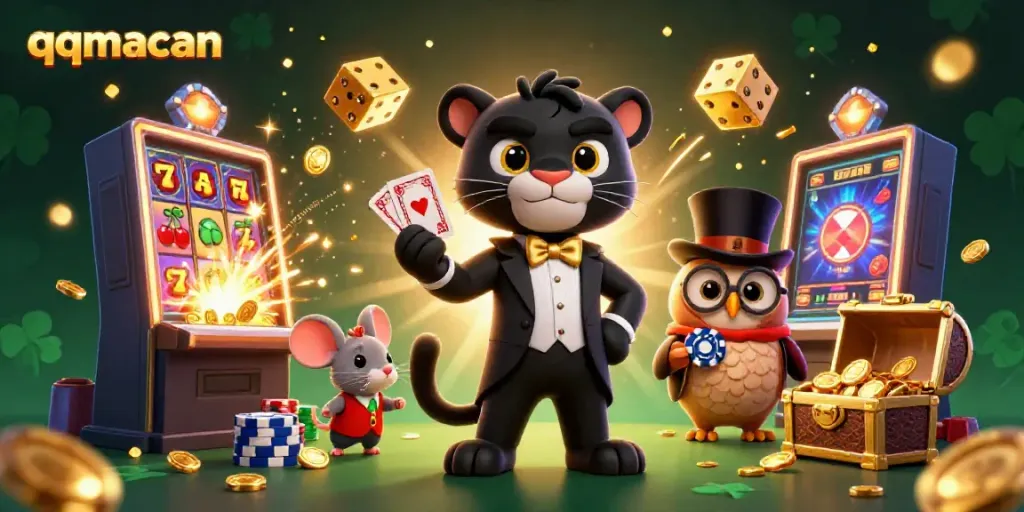 Engage in winning strategies with the vibrant and dynamic qqmacan casino scene featuring playful characters and action.