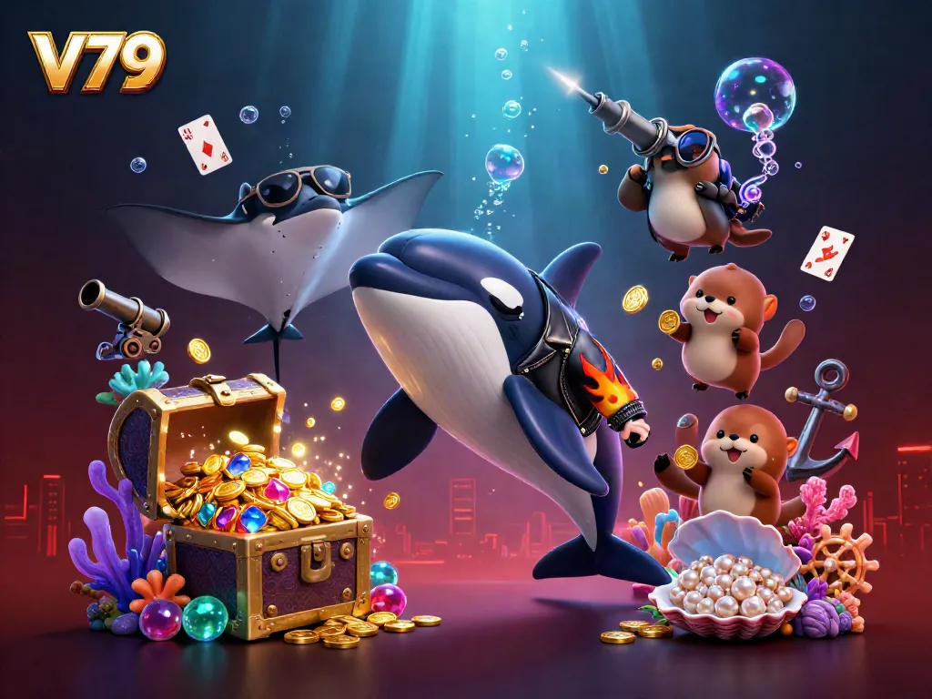 Experience V79's vibrant underwater casino world with characters enjoying games and treasure.