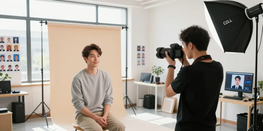 在WHY Studio拍攝葵芳證件相的專業工作環境，攝影師專注於為客戶拍攝證件相。
