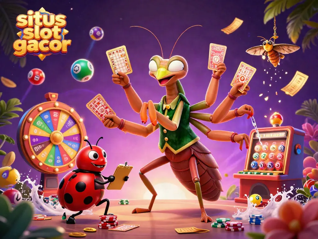 Gamer meraih kemenangan di situs slot gacor dengan suasana meriah penuh elemen kasino.