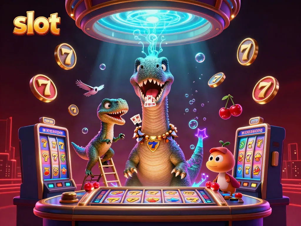 Slot mesin yang menghibur dalam ilustrasi 3D dengan karakter dinosaurus yang menarik di dunia kasino.