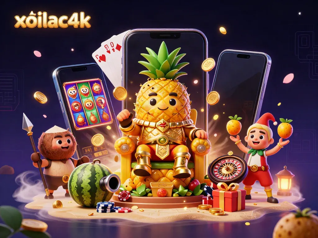The vibrant scene of xoilac4k features a pineapple king in a tropical casino, surrounded by game elements and excitement.