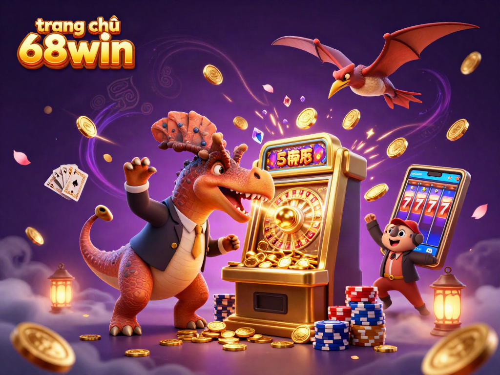 Experience the thrill of winning at trang chủ 68win with a cartoon dinosaur and jackpot coins!
