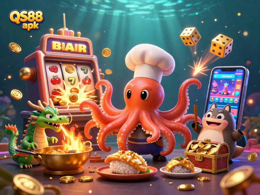 Experience thrilling gameplay with QS88 apk as a colorful chef octopus and friends create a vibrant casino atmosphere.