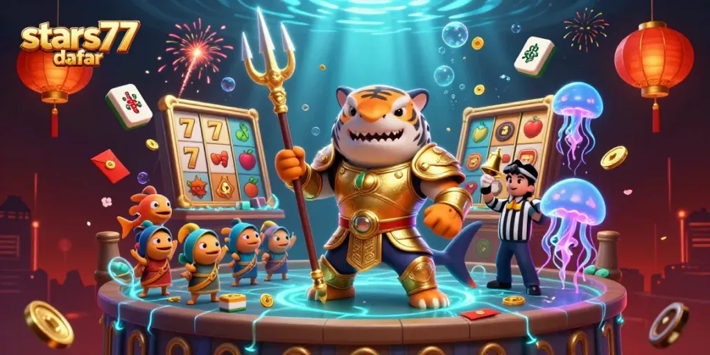 Gambaran visual dari stars77 daftar yang menunjukkan ikan hiu kartun bertopeng gladiator dengan elemen slot dan jackpot yang berkilau.
