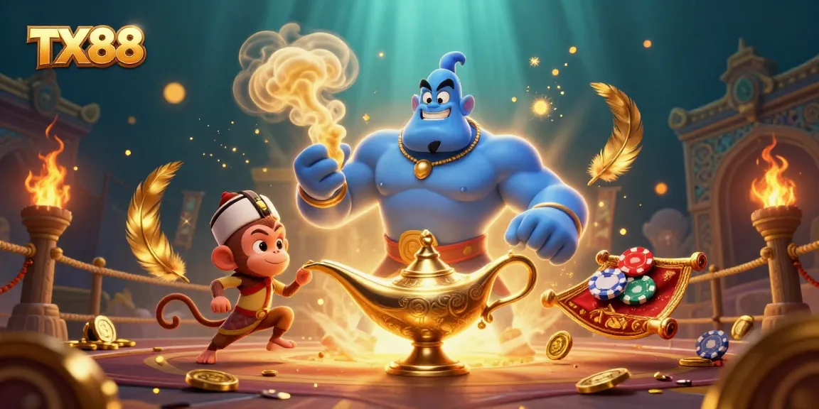 TX88 showcases a powerful genie and treasures next to a playful monkey in a vibrant casino scene.