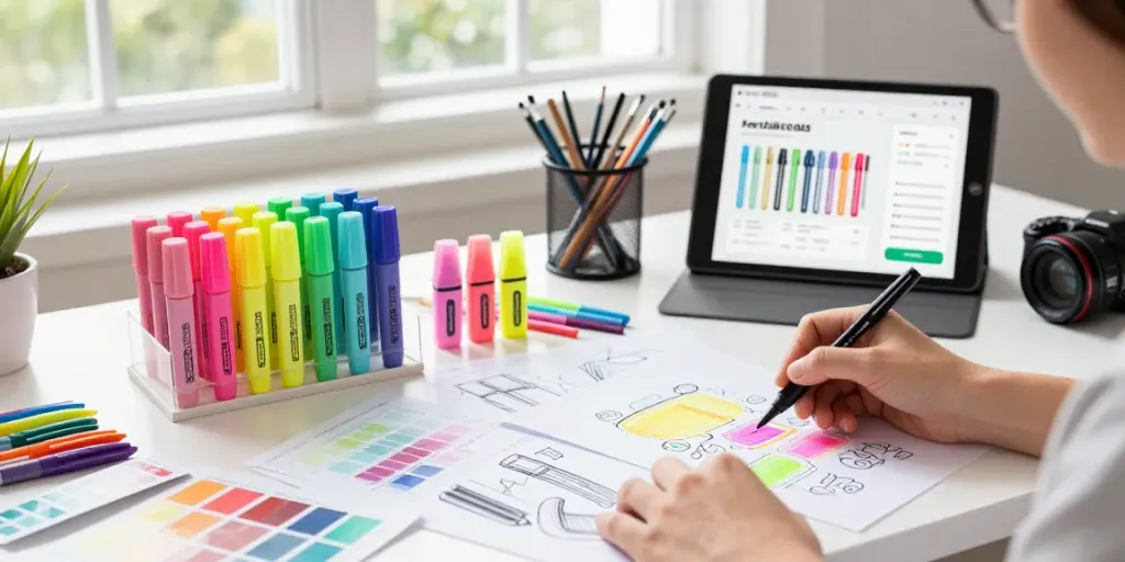 Creative workspace of a highlighter pen supplier showcasing colorful highlighters and design sketches.