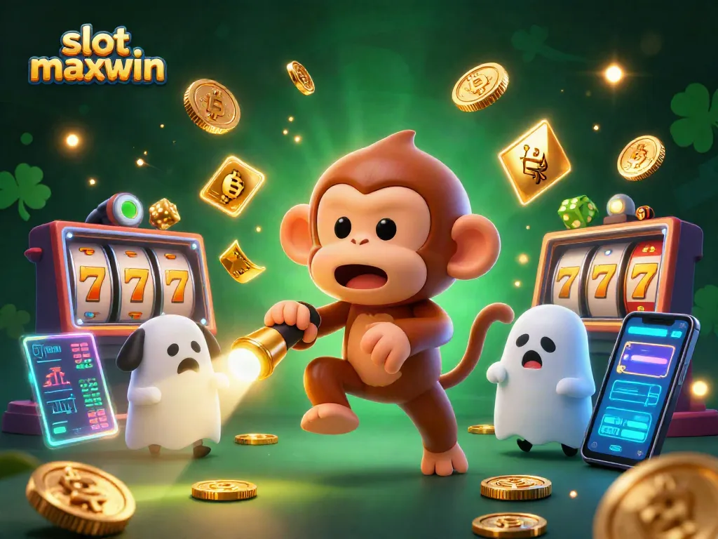 Experience slot maxwin action with a mischievous monkey juggling in a haunted casino scene.