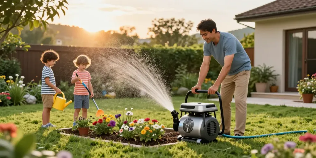Bombas de agua Venezuela: familia usando una bomba de agua en su jardín para riego, rodeados de plantas y flores.