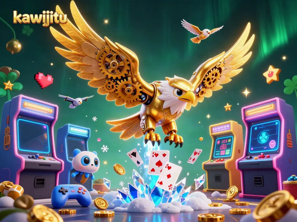 Immerse in the jackpot thrill with kawijitu, a vibrant 3D illustration of a diving eagle amidst casino games.