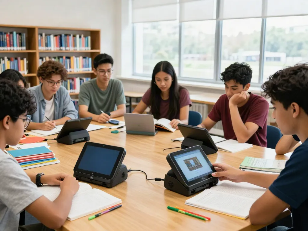 Diverse students demonstrating book scanners during a collaborative study session in a bright library.