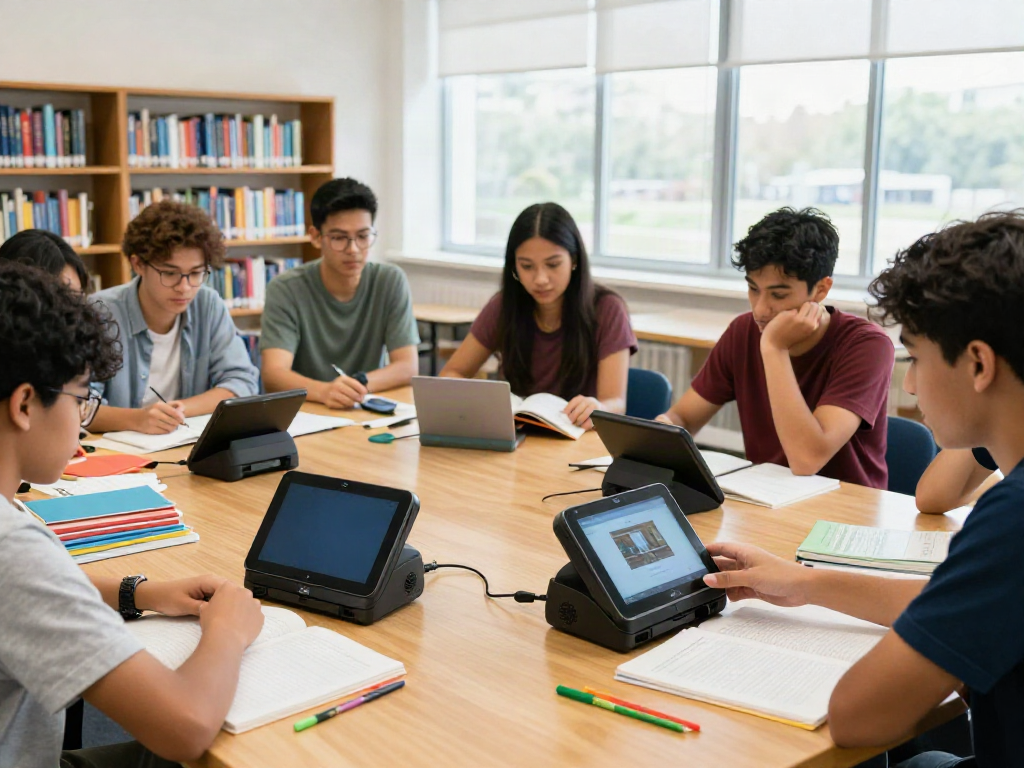 Diverse students demonstrating book scanners during a collaborative study session in a bright library.