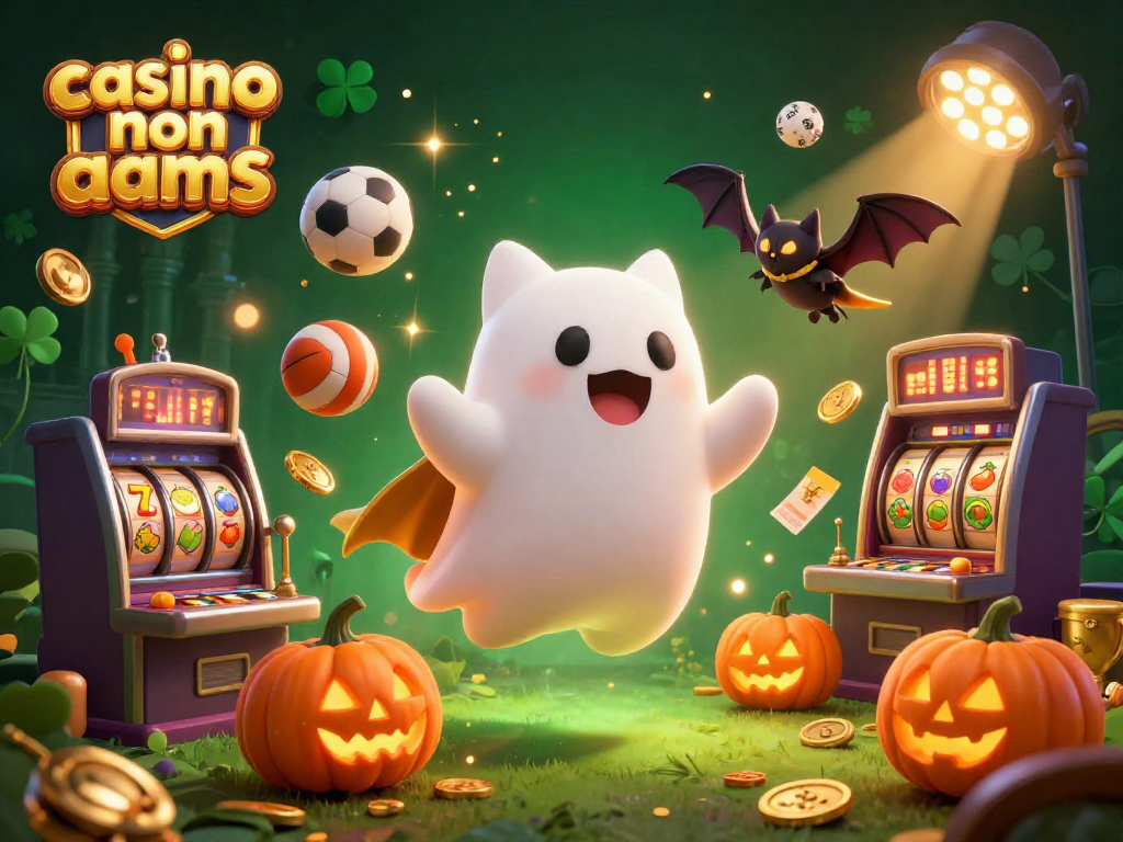 Gioca in un casinò non AAMS con un gatto fantasma e simboli di slot in un'atmosfera festosa.