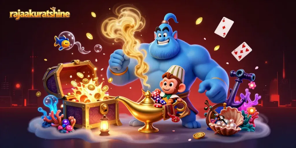 Engage with rajaakuratshine in a vibrant digital casino illustration featuring a genie and poker chips