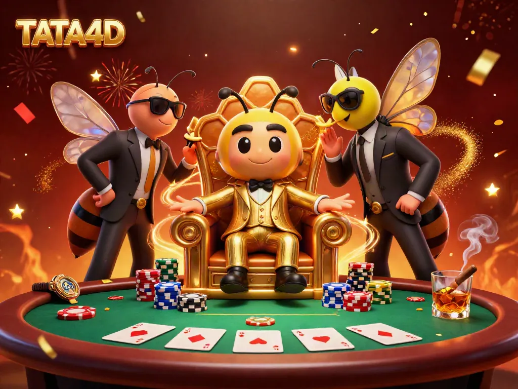 TATA4D showcases a vibrant casino scene with a bumblebee mob boss and poker chips, symbolizing thrilling gaming.