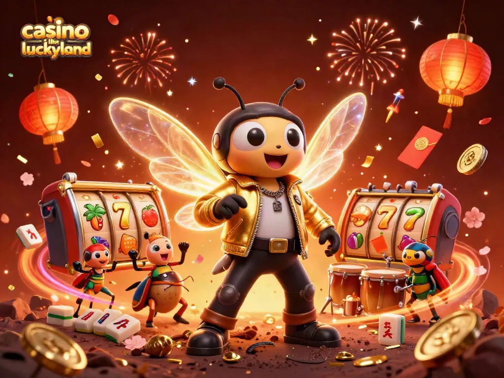 Experience the thrill in this vibrant scene, a casino like LuckyLand with engaging games and celebratory elements.