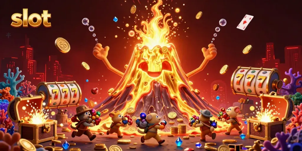 Explore thrilling slot adventures with treasures erupting from a golden volcano.
