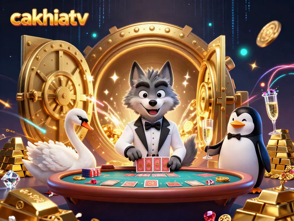Cakhiatv showcases thrilling animated casino action with a stylish wolf, swan, and penguin presenting cards and champagne.