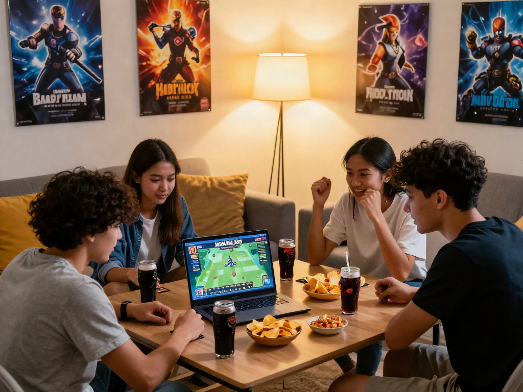 Friends playing MAHJONGJP88 game in a lively living room setting.