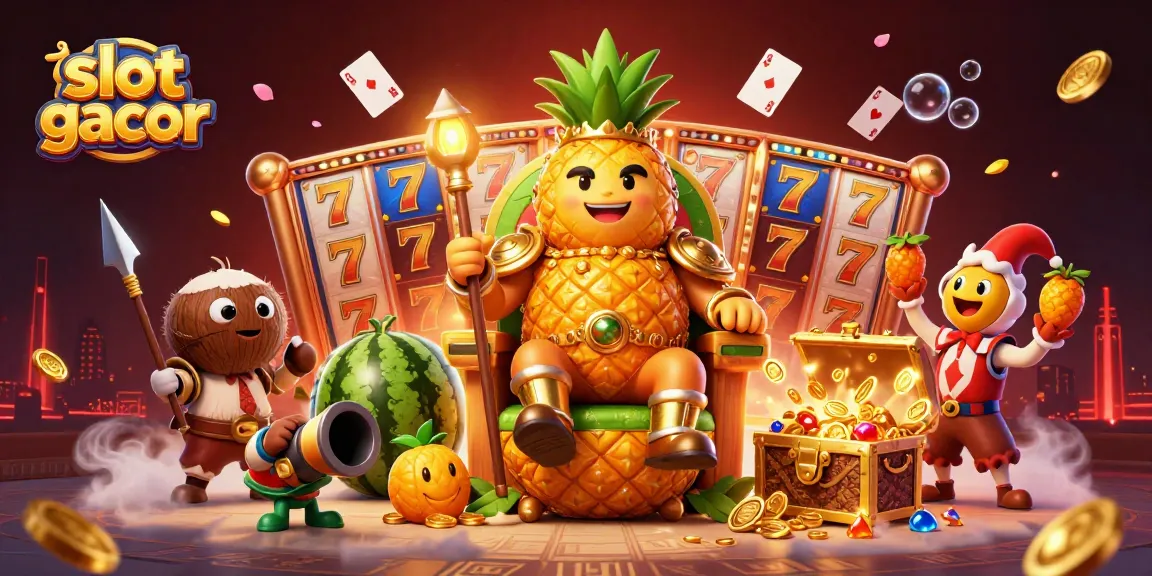 Play slot gacor with dynamic characters including a golden pineapple king in a vibrant casino scene.