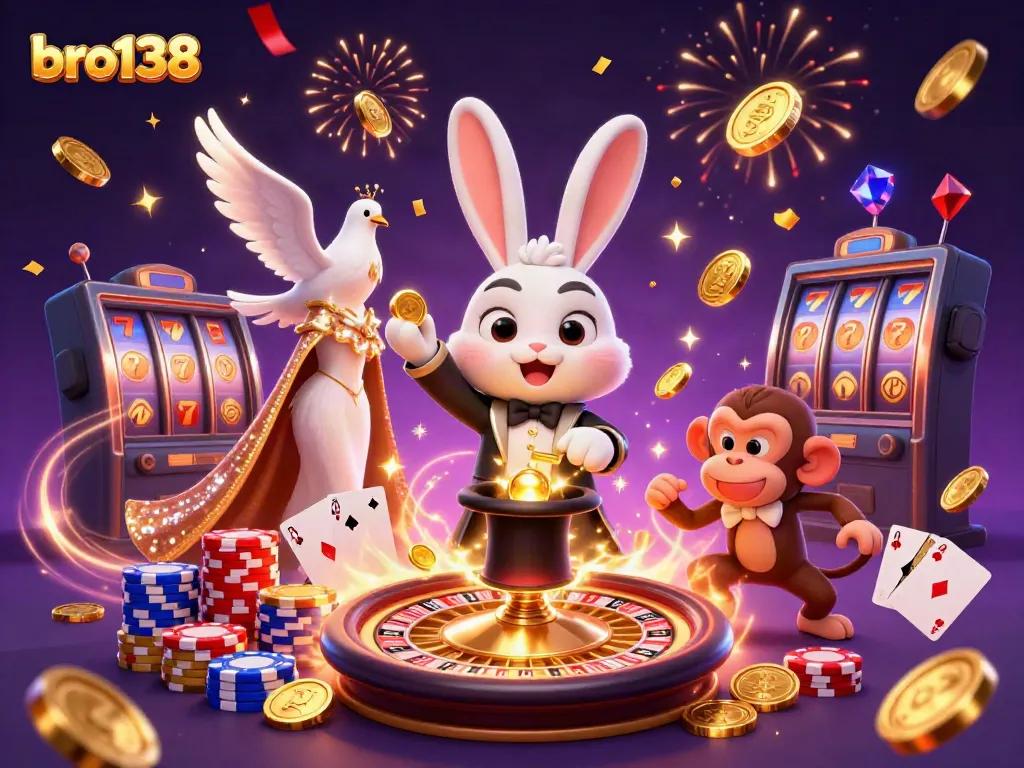 Experience exciting wins at bro138 with a 3D cartoon magician rabbit and vibrant casino elements.