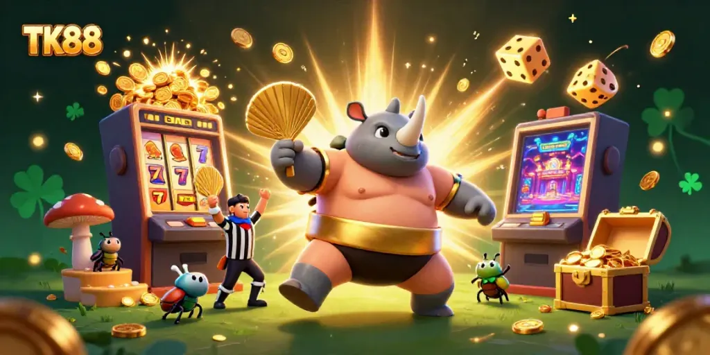Experience thrilling wins at TK88 with an action-packed scene of beetle champions and casino delights.
