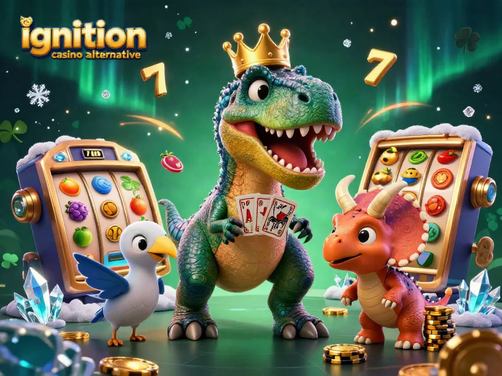Enjoy a fun 3D scene with a T-Rex, pterodactyl, and triceratops engaging in the ignition casino alternative experience.
